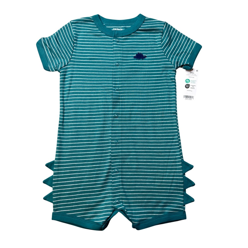 Carter's Romper Kids 24M Green Striped Dinosaur One Piece Snap‎ Front 3D Spikes